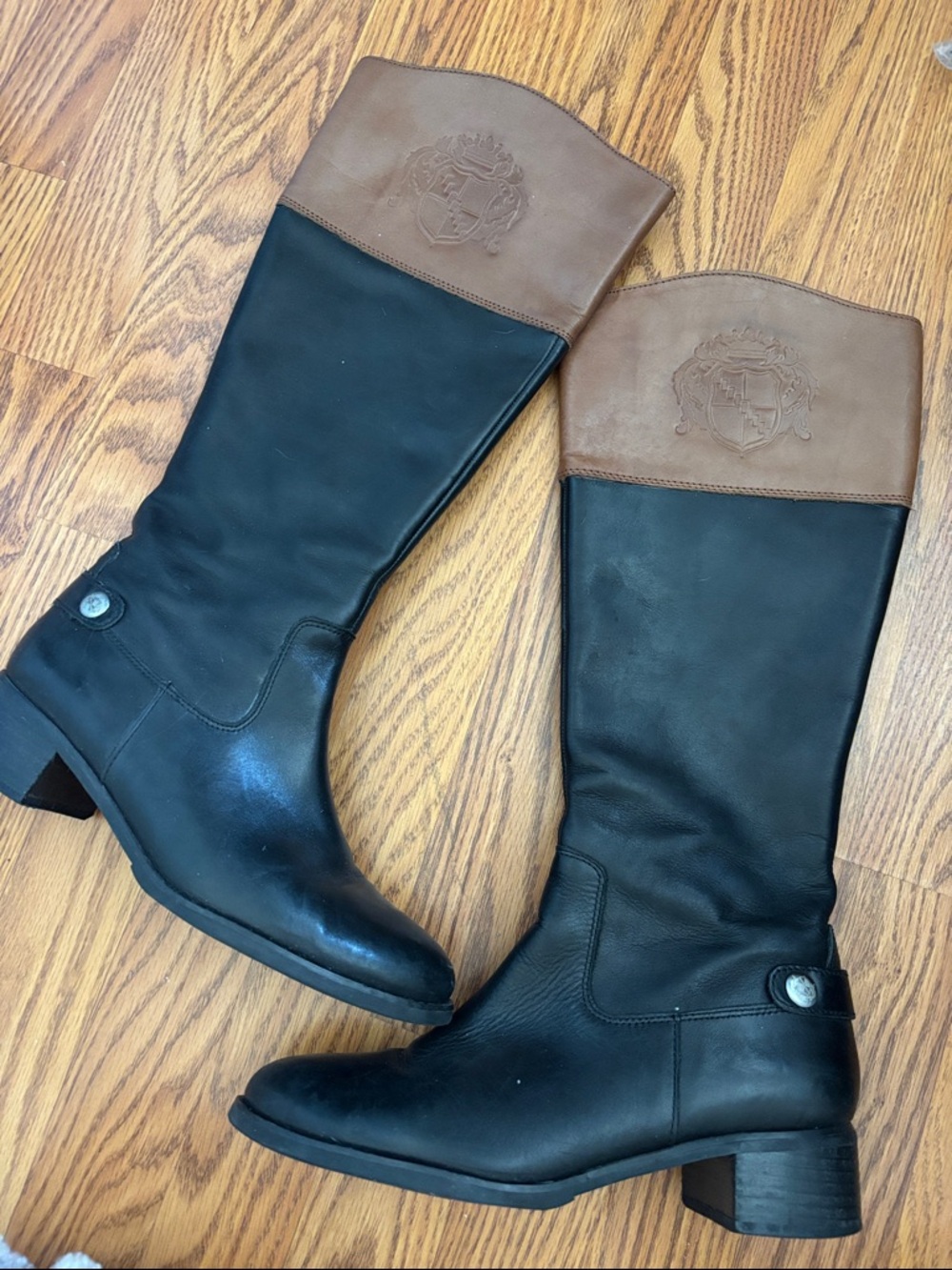 Franco Sarto Two-Tone Black and Brown Leather Knee Boots